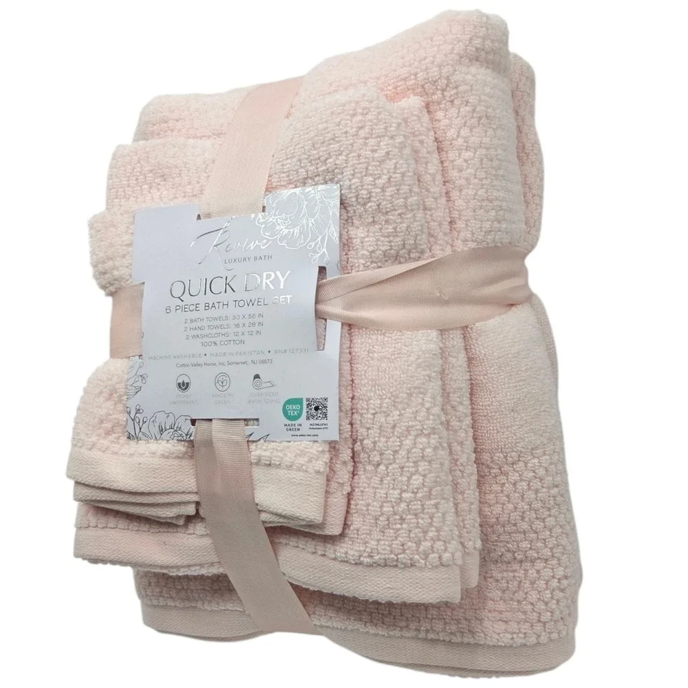 Revive Luxury Bath 6pc Pink Cotton Towel Set Zero Twist 2Bath 2Hand‎ 2Washcloths